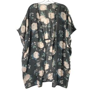 Maurices Floral Kimono Duster Womens Medium Gray Pink Roses Fairy Festival Layer